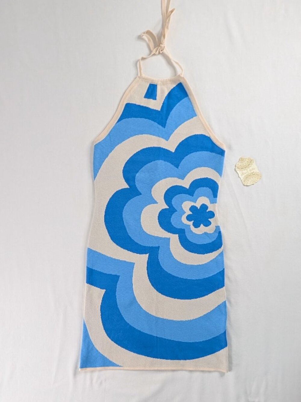 Altar'd State Blue White Retro Flower Power Hippie Knit Halter Mini Dress NEW